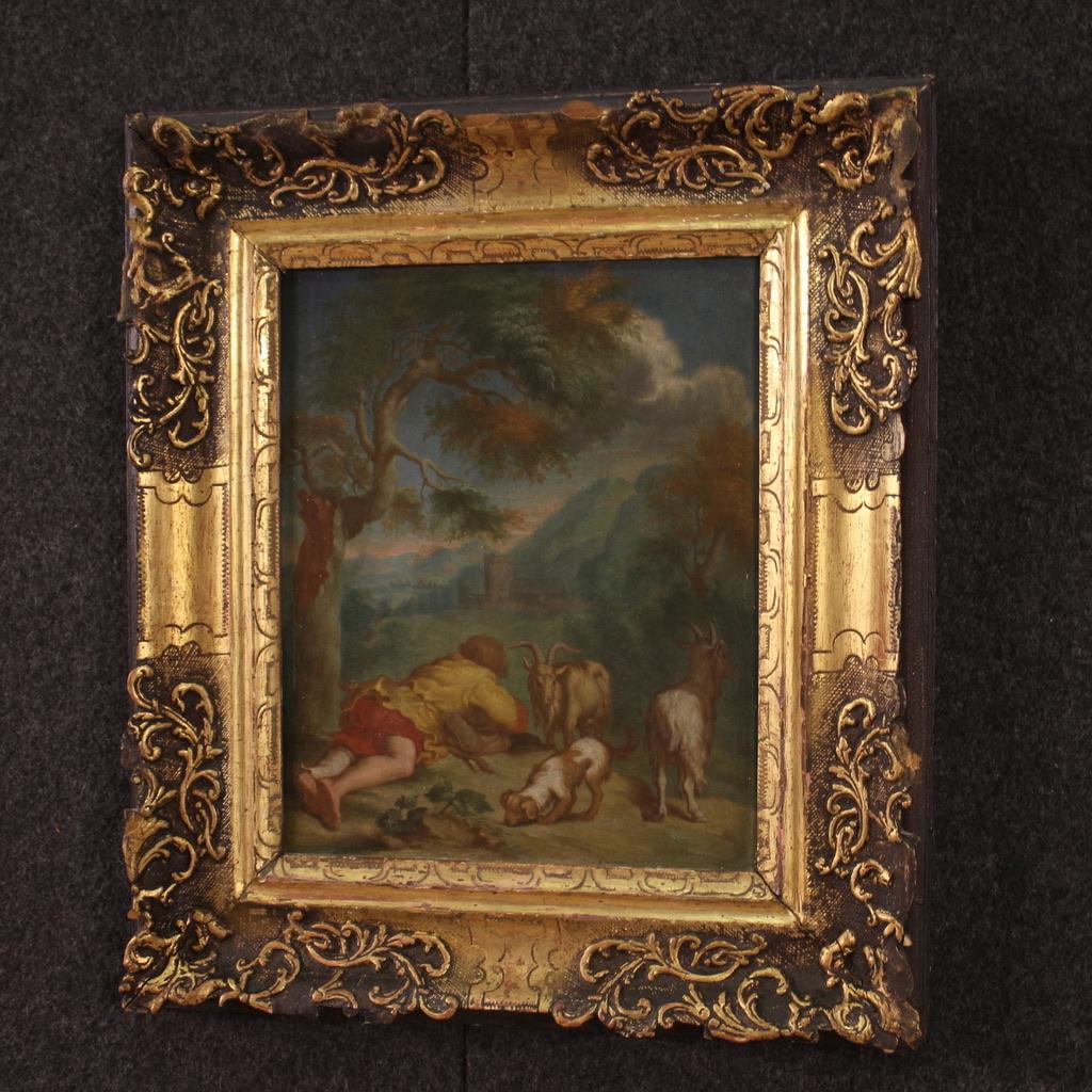 18th Century Oil on Panel Flemish Bucolic Landscape Painting Shepherd Dog, 1750 For Sale 8