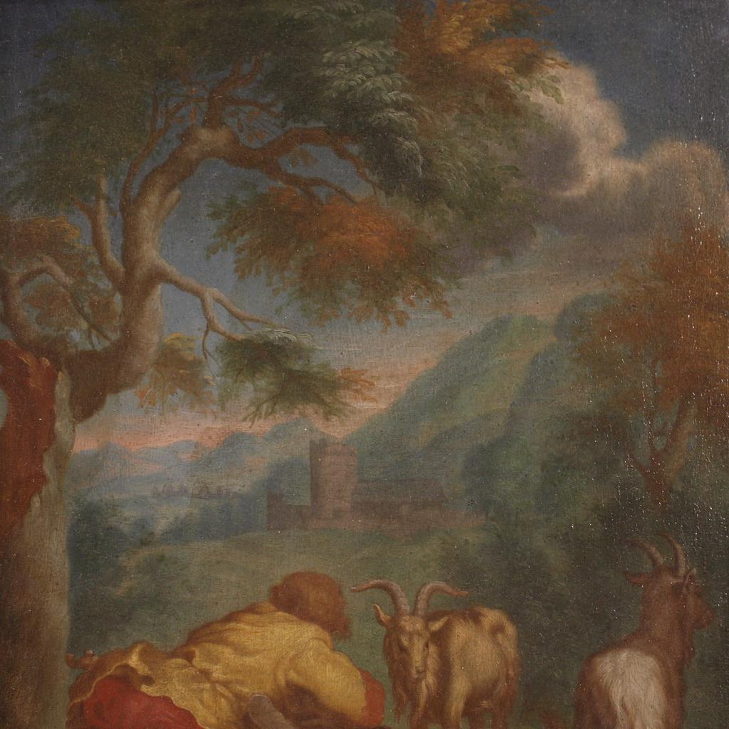 18th Century Oil on Panel Flemish Bucolic Landscape Painting Shepherd Dog, 1750 For Sale 2