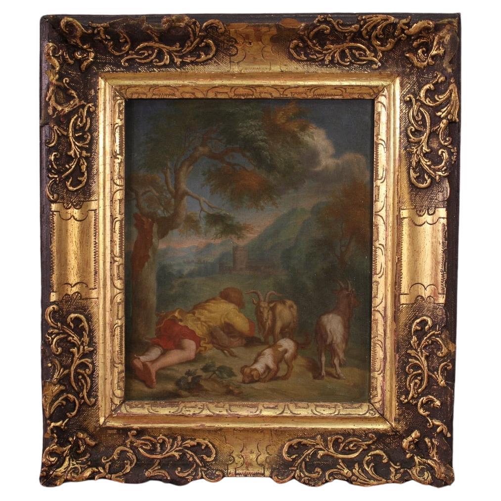 18th Century Oil on Panel Flemish Bucolic Landscape Painting Shepherd Dog, 1750 For Sale