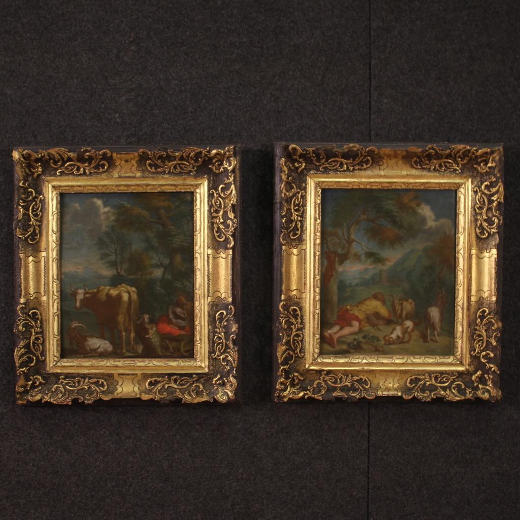 Oiled 18th Century Oil On Panel Flemish Bucolic Landscape With Frame Paintin, 1750 For Sale