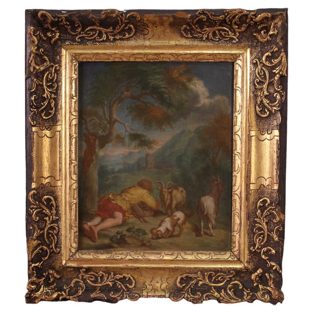 18th Century Oil On Panel Flemish Bucolic Landscape With Frame Paintin, 1750