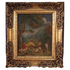 Antique 18th Century Oil On Panel Flemish Bucolic Landscape With Frame Paintin, 1750