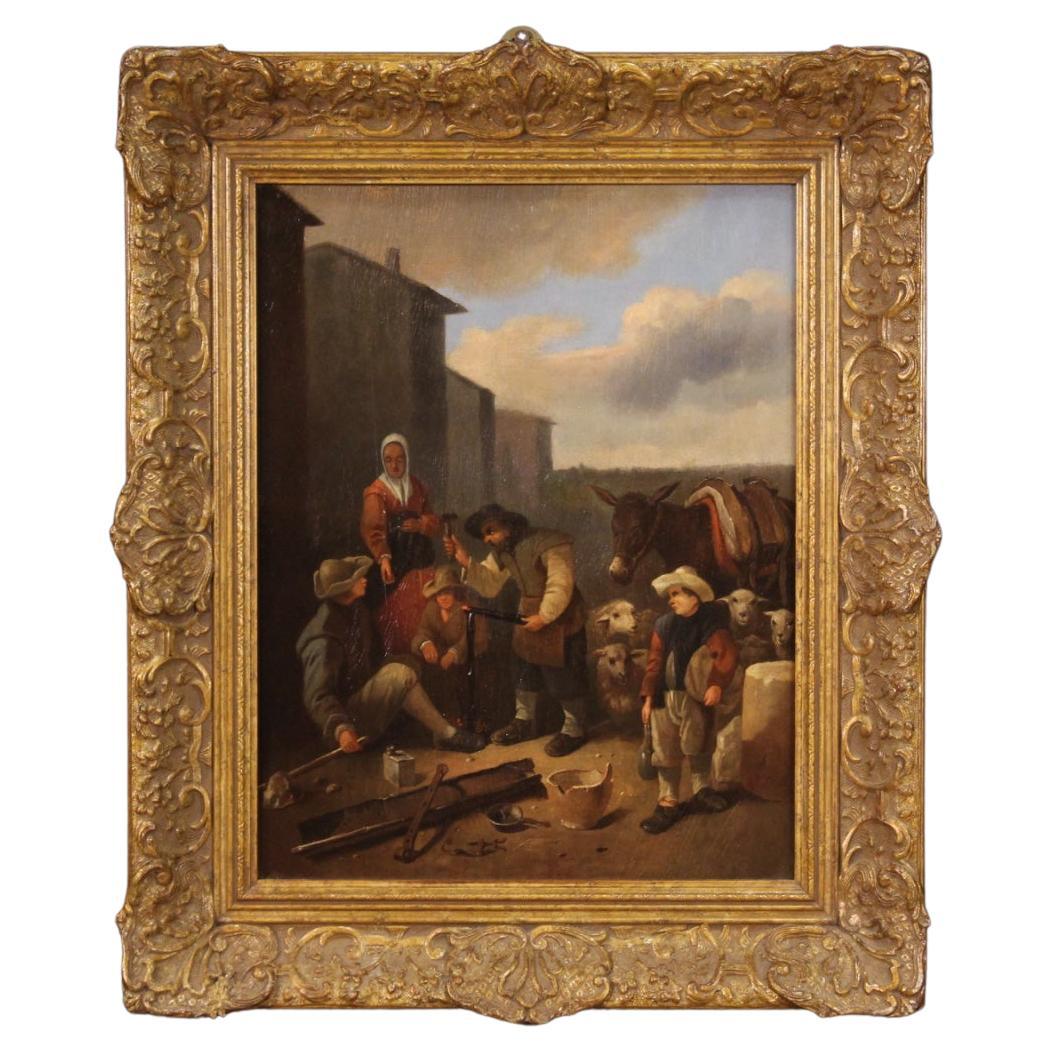 18th Century Oil on Panel Flemish Genre Scene Painting, 1770