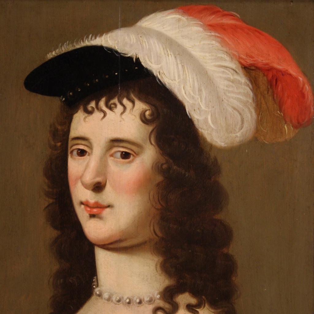 Wood 18th Century Oil on Panel Flemish Painting Portrait of a Noblewoman, 1720