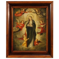 18th Century Oil on Panel Flemish Religious Painting Virgin with Angels, 1780