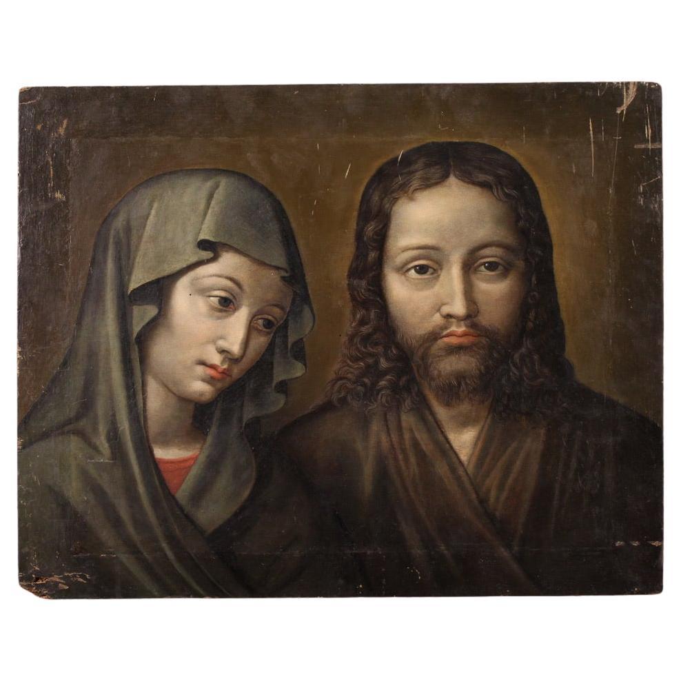 18th Century Oil on Panel French Antique Religious Painting Christ and Madonna im Angebot