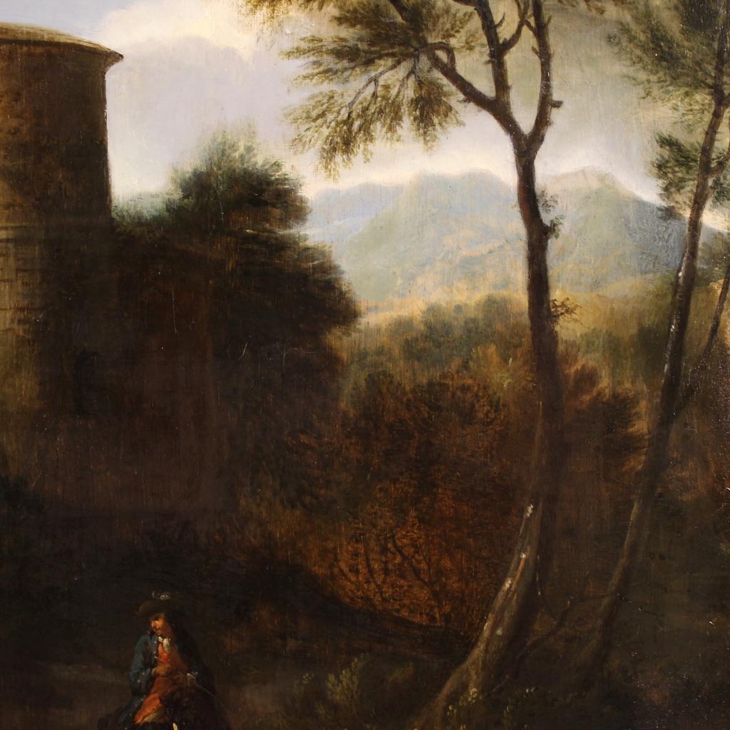 18. Jahrhundert Öl auf Tafel italienische Malerei Landschaft mit Rittern, 1750 im Angebot 4