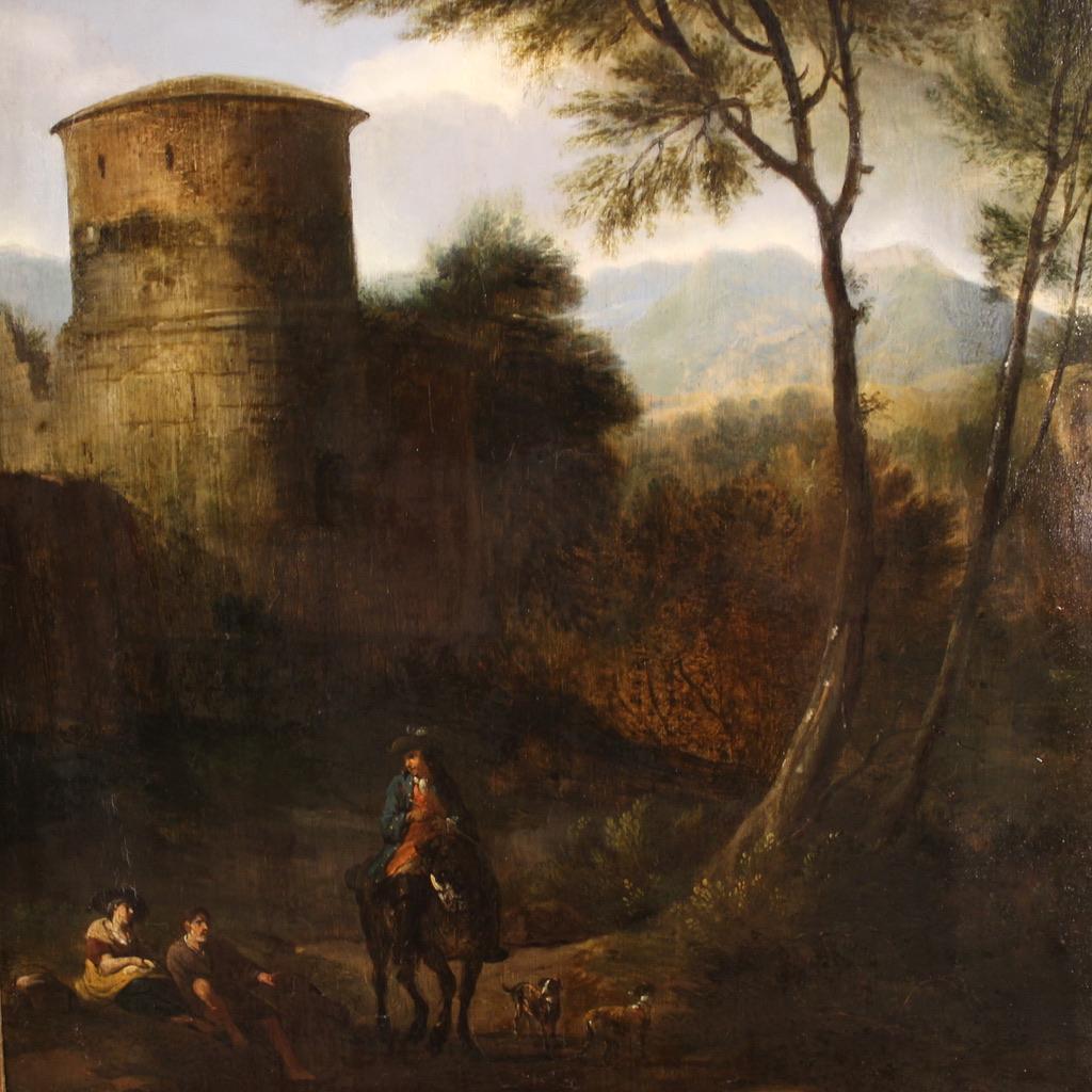 Ein raffiniertes italienisches Gemälde aus dem 18. Jahrhundert. Das Kunstwerk Öl auf Tafel zeigt eine prächtige Landschaft mit Figuren, von bemerkenswerter malerischer Qualität. Im Zentrum der Komposition steht ein Mann auf einem Pferd,