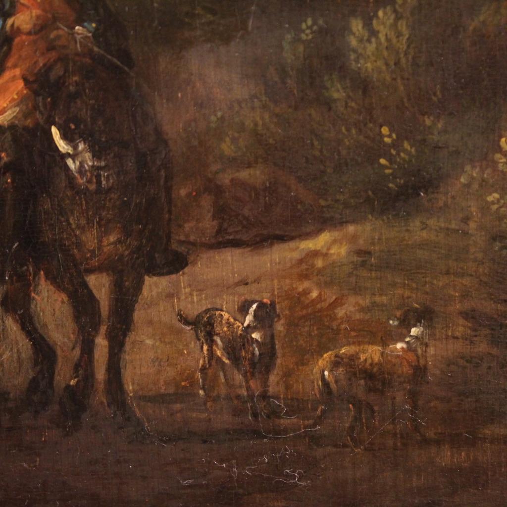 18. Jahrhundert Öl auf Tafel italienische Malerei Landschaft mit Rittern, 1750 im Zustand „Gut“ im Angebot in Vicoforte, Piedmont