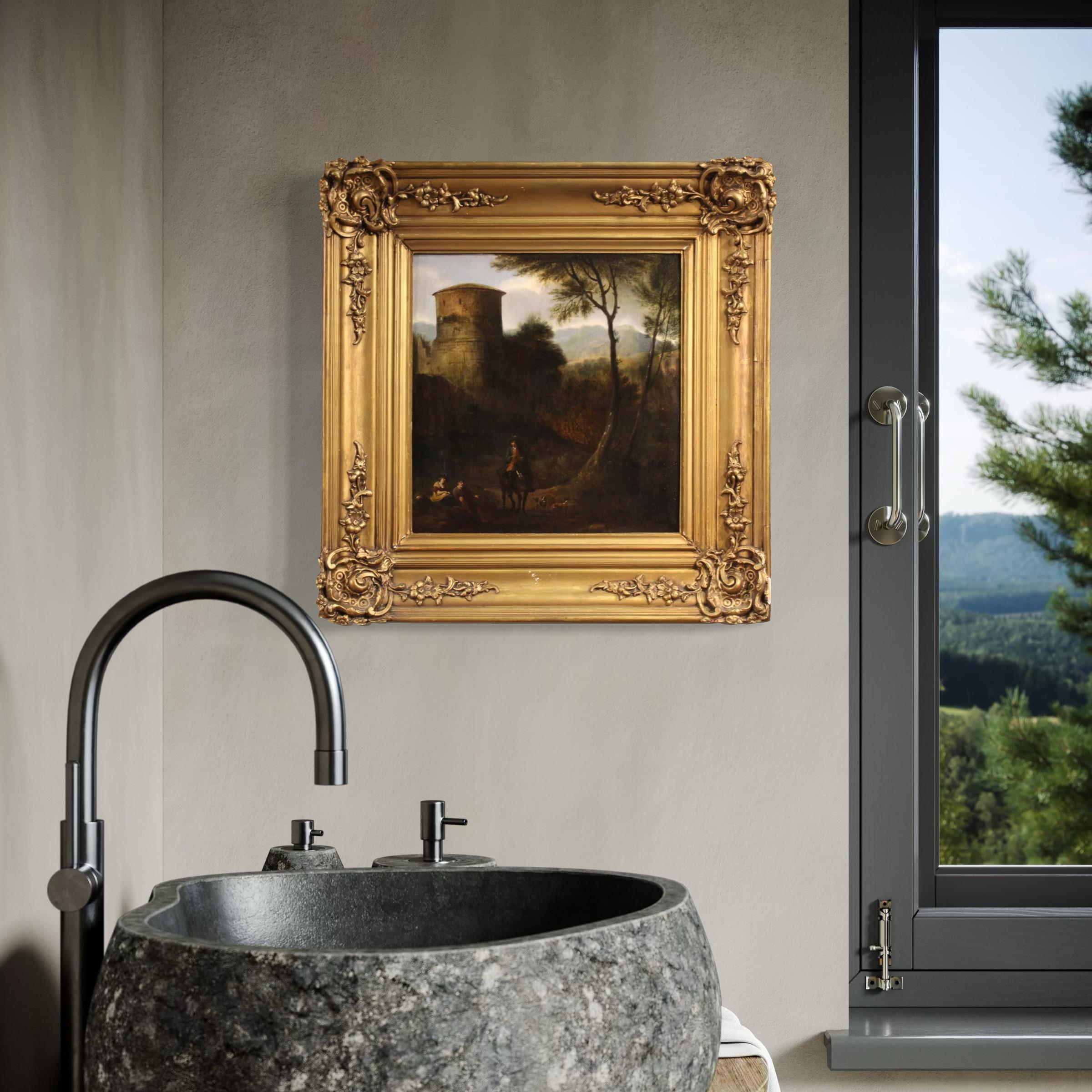 18. Jahrhundert Öl auf Tafel italienische Malerei Landschaft mit Rittern, 1750 (Mid-18th Century) im Angebot