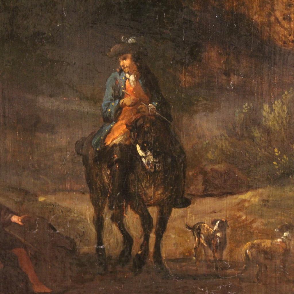 18. Jahrhundert Öl auf Tafel italienische Malerei Landschaft mit Rittern, 1750 (Holz) im Angebot