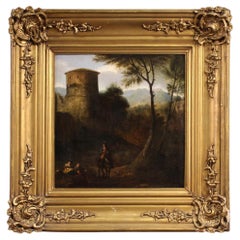 18th Century Oil on Panel Italian Painting Landscape with Knights, 1750