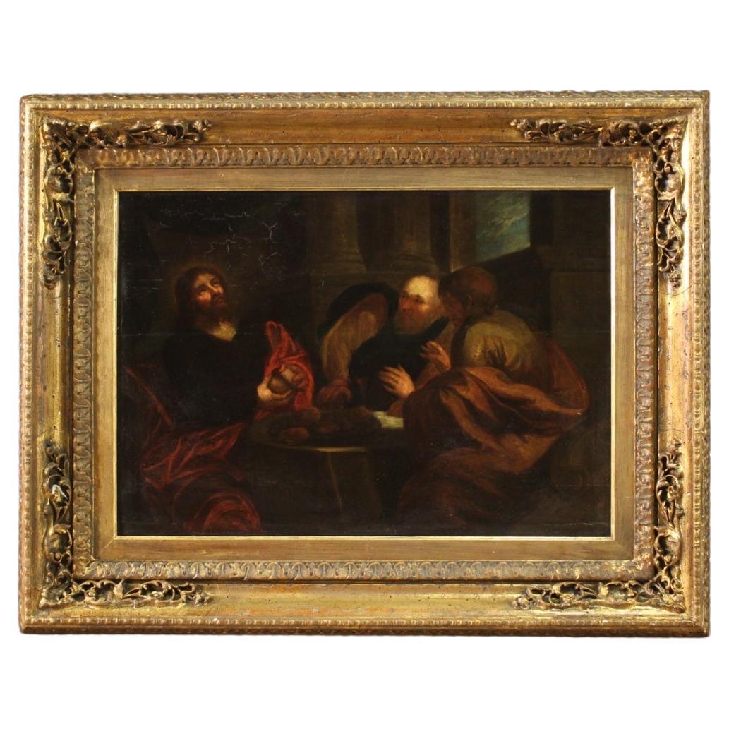 18th Century Oil on Panel Religious Flemish Antique Painting Supper at Emmaus 
