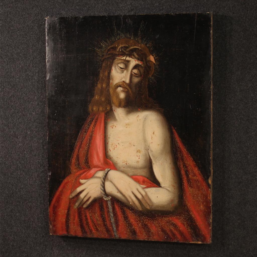 18th Century Oil on Panel Spanish Antique Religious Painting Ecce Homo, 1750 For Sale 7