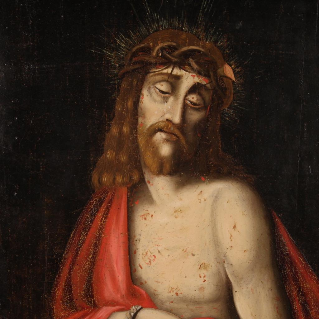 Mid-18th Century 18th Century Oil on Panel Spanish Antique Religious Painting Ecce Homo, 1750 For Sale