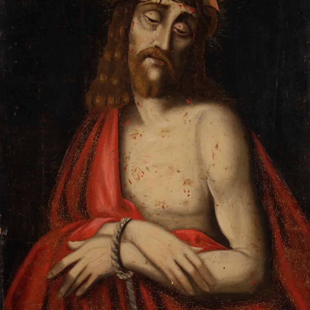Wood 18th Century Oil on Panel Spanish Antique Religious Painting Ecce Homo, 1750 For Sale