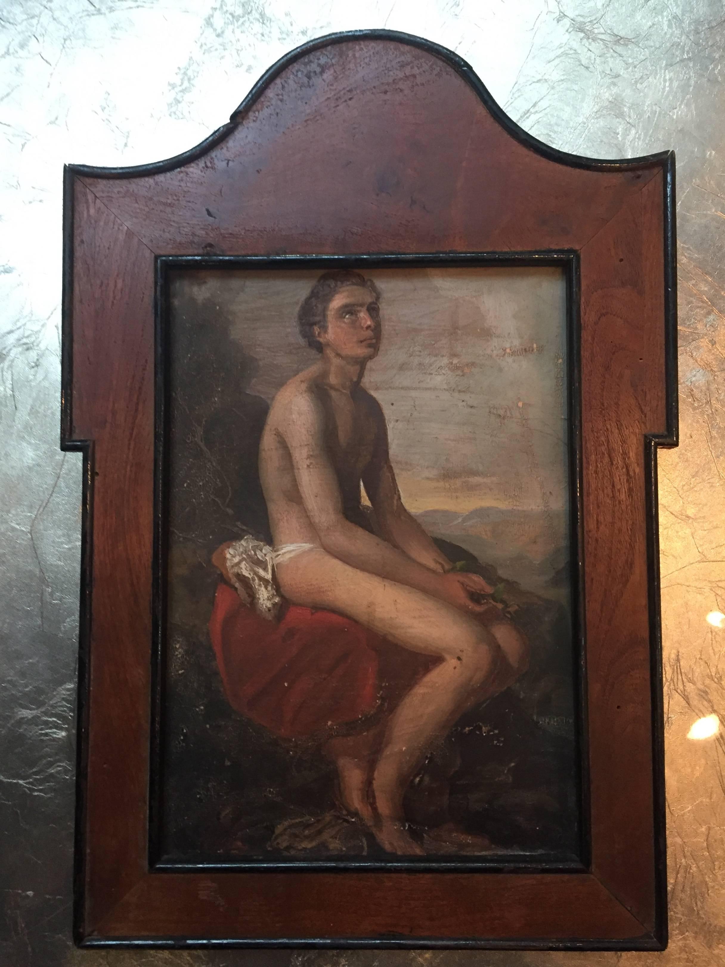 Une petite peinture à l'huile sur étain avec un cadre en noyer, peinture continentale du début du 19ème siècle en parfait état d'origine avec de légères écailles à la peinture. Non encadré, 11 pouces de haut, 7,75 de large. Remarquable état