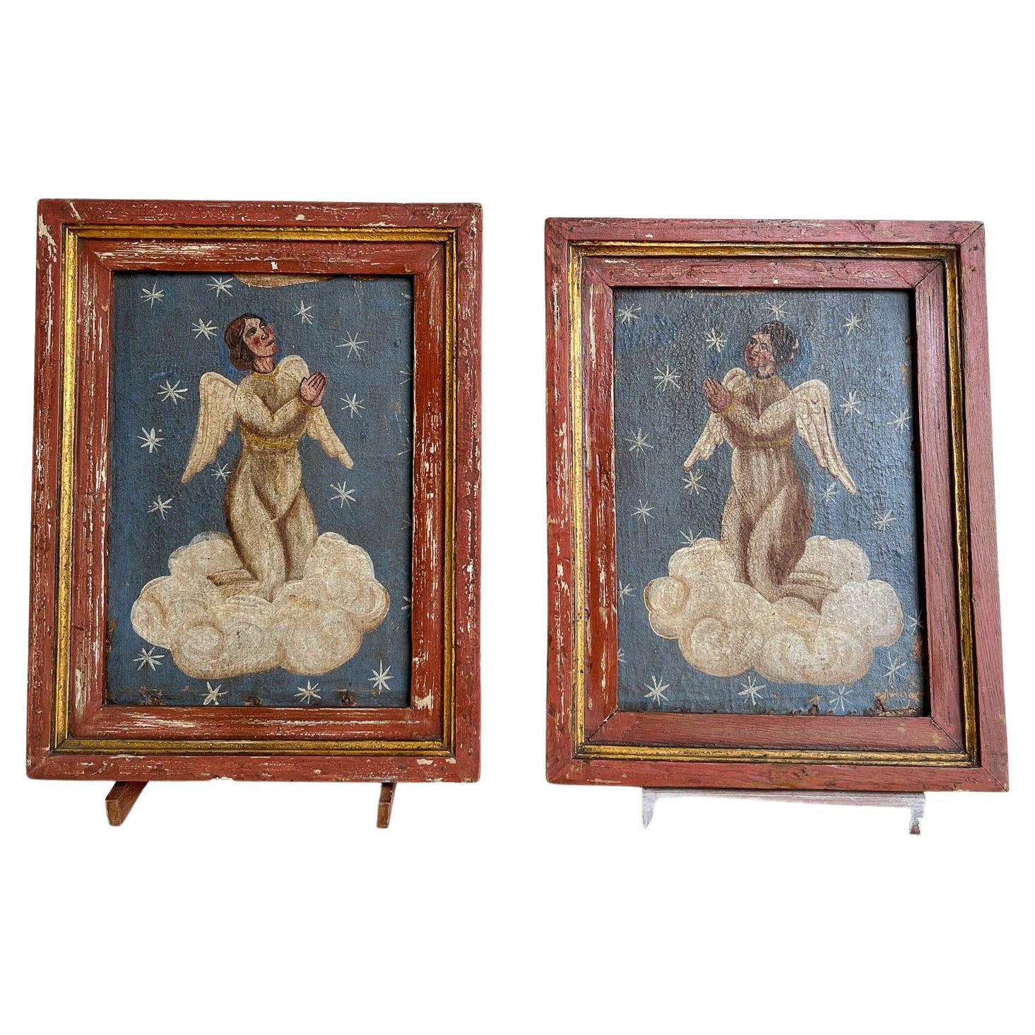 Peintures d'anges à l'huile sur bois du XVIIIe siècle en vente