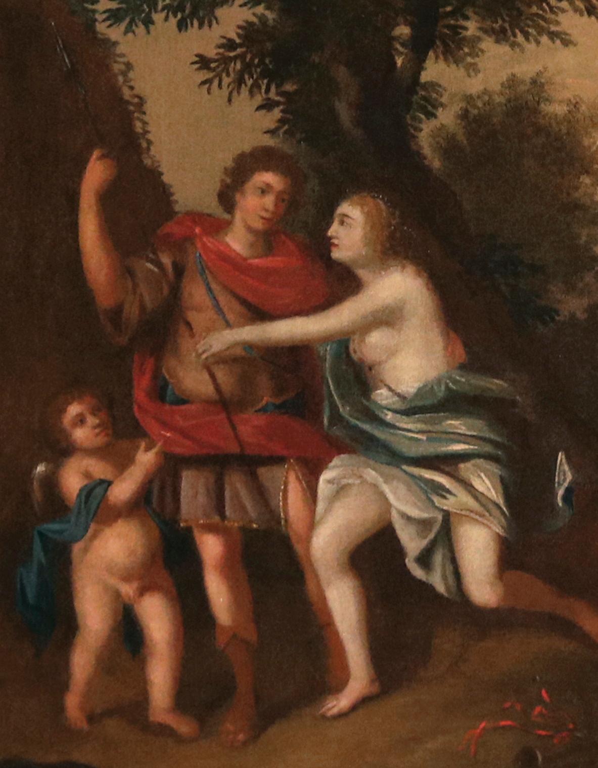 An early 18th century oil painting from the school of Jan van Neck (1635-1714), Amsterdam, depiction mythological subjects, probably Venus, Cupid and Mars with dogs watched by Apollo.