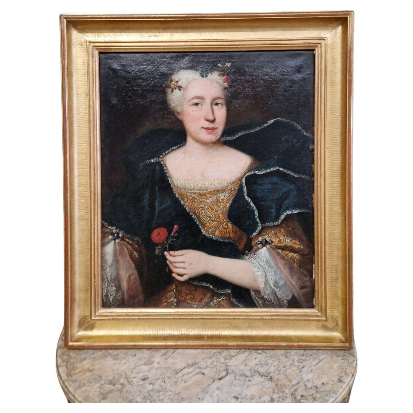 ROCAILLE-ANTIQUITÄTEN

Dieses exquisite Ölgemälde aus dem 18. Jahrhundert stellt möglicherweise ein Porträt von Maria Anna Adelheid von Hohenlohe-Bartenstien dar.  (1701-1758)  aus dem 18. Jahrhundert, schön gerahmt in einem vergoldeten Holzrahmen
