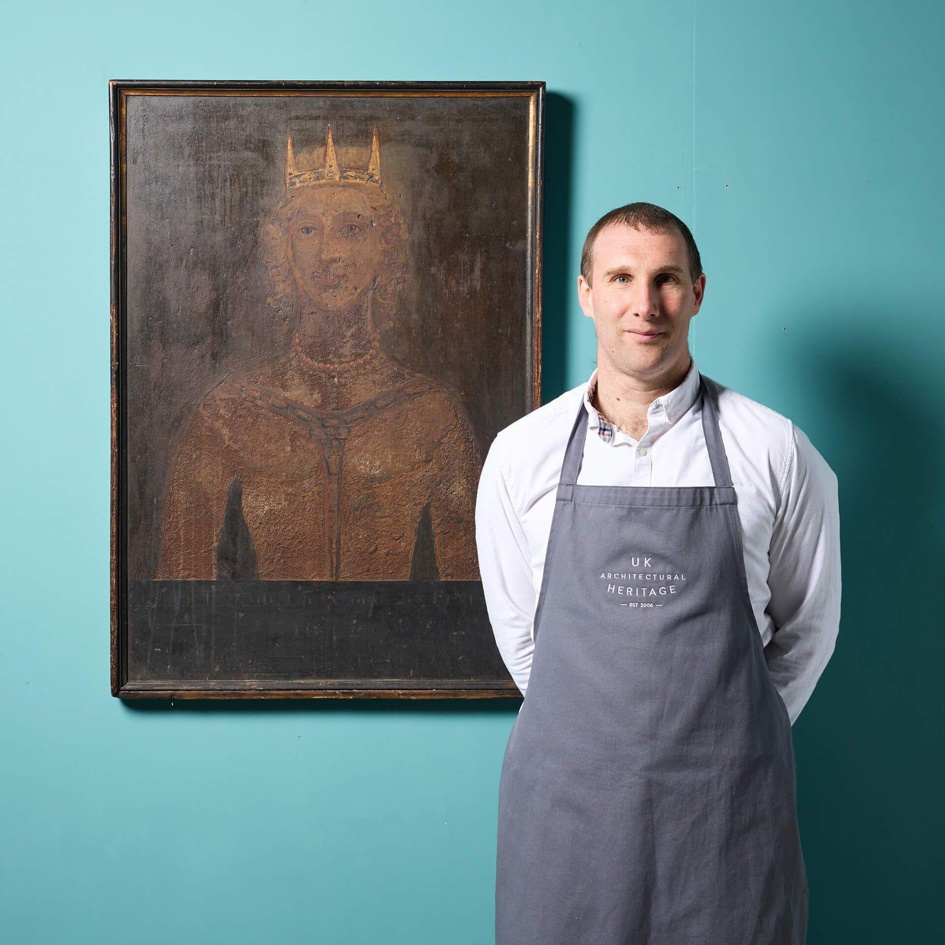 A period antique 18th century oil painting of a prince with indistinct letters to the lower quarter. Painted onto a large wooden board with hints of historic gilding to the frame, this antique oil painting is reminiscent of earlier Tudor period folk