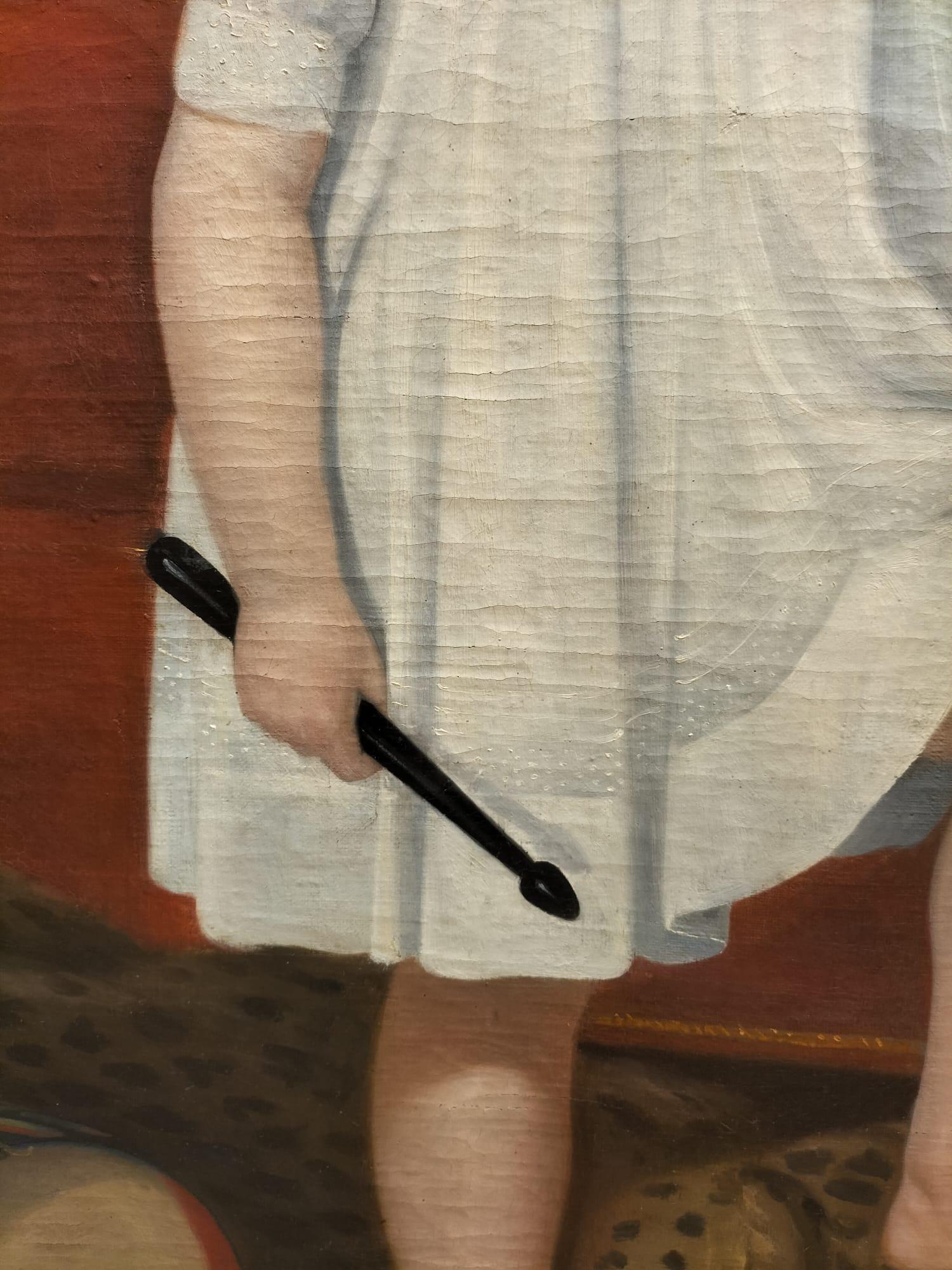 Français Peinture à l'huile du 18e siècle représentant un enfant avec un tambourin marchant sur une panthère en vente