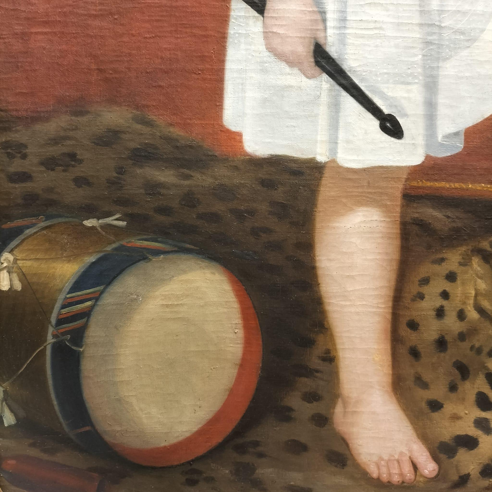XIXe siècle Peinture à l'huile du 18e siècle représentant un enfant avec un tambourin marchant sur une panthère en vente