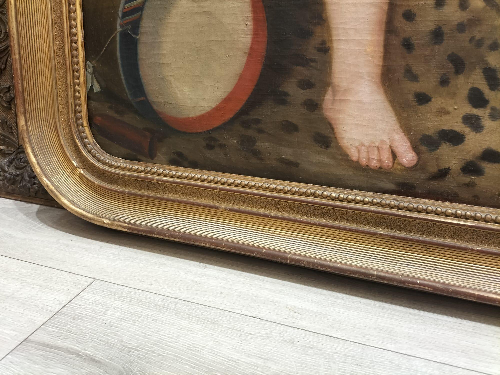 Peinture à l'huile du 18e siècle représentant un enfant avec un tambourin marchant sur une panthère en vente 1