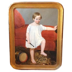 Antique 18th Century Oil Painting of Child with Tambourine Walking on a Panthera