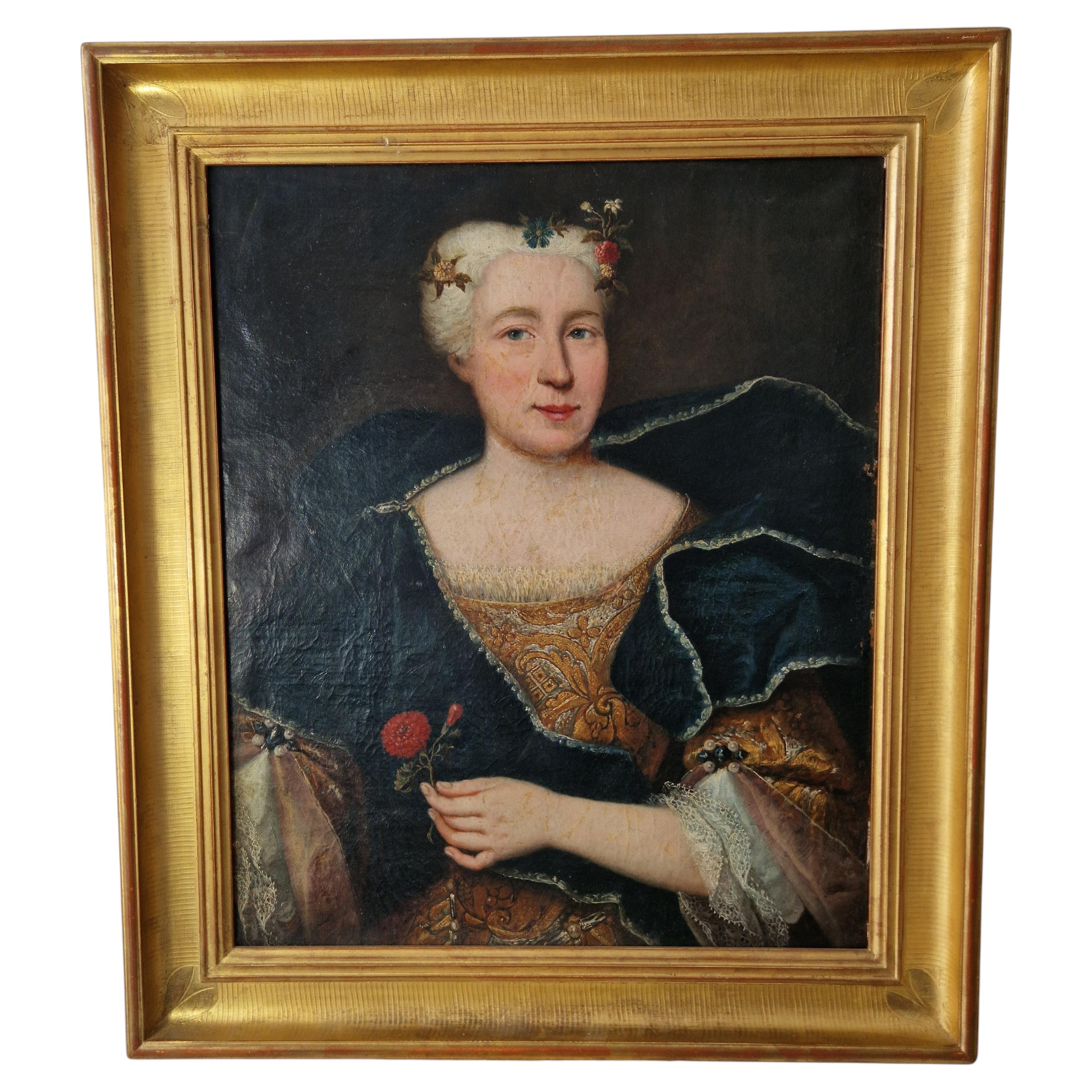 18th Century Oil Painting of Maria Anna Adelheid, Double-Sided, Framed
