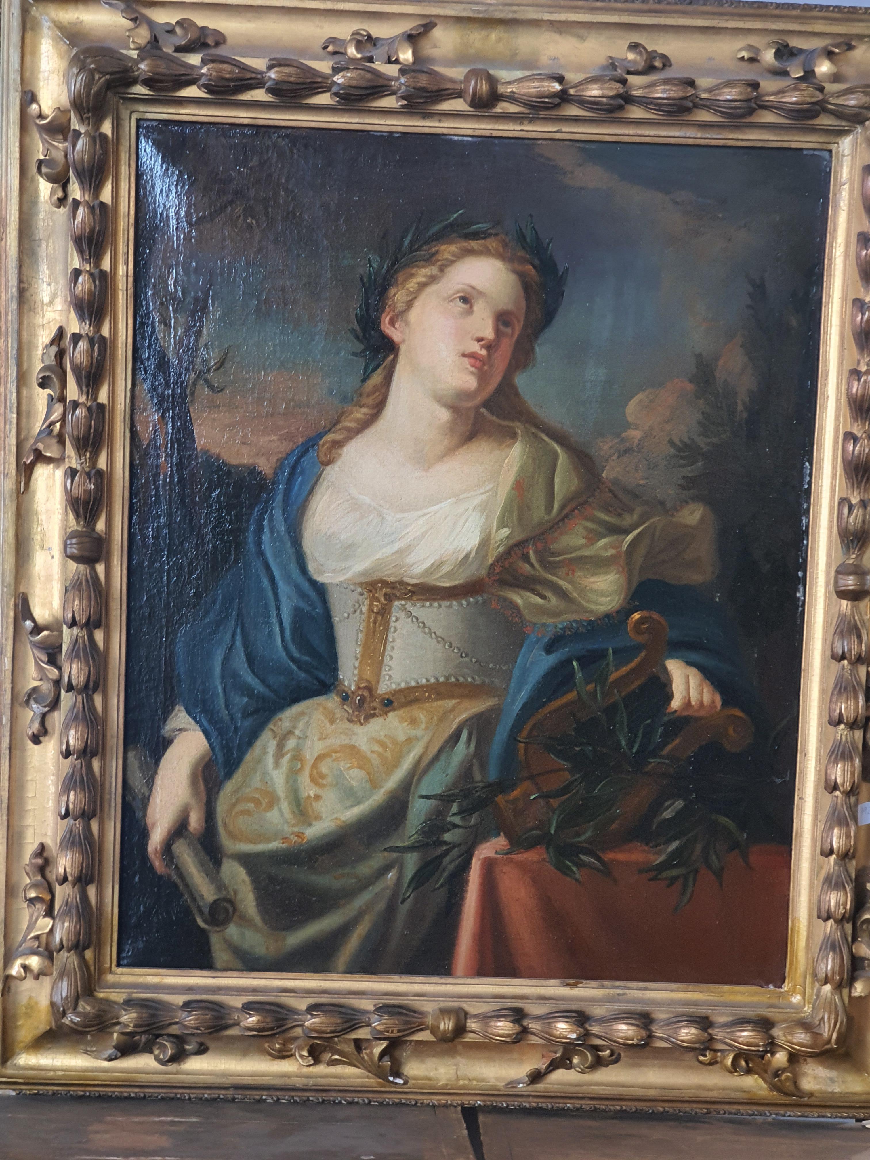 Italian 18th Century Oil Painting on Canvas Coeval Frame Allegory of Music For Sale
