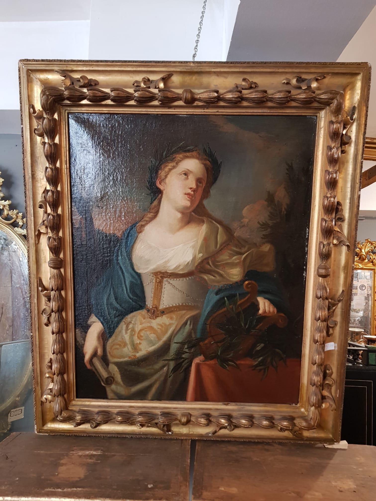 Carved 18th Century Oil Painting on Canvas Coeval Frame Allegory of Music For Sale