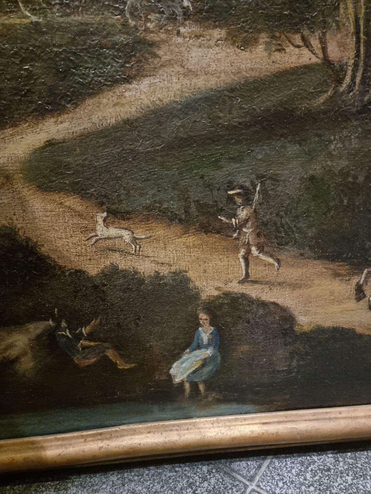 Belle peinture à l'huile sur toile représentant un paysage avec des personnages et des carrosses. Vénétie, XVIIIe siècle.

L'arrière-plan du tableau est dominé par un paysage vénitien pittoresque avec des collines et des arbres qui créent une