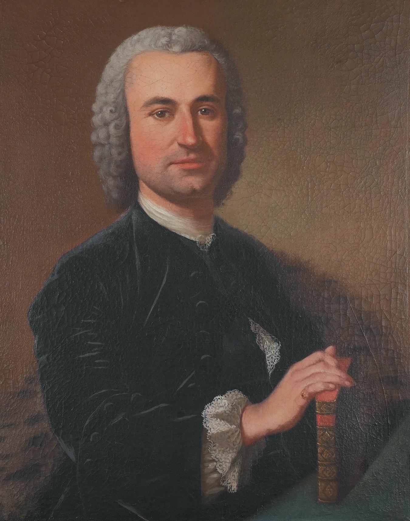 A charming French 18th-century oil-on-canvas portrait of a pharmacist named Petrus Chevallier. Signed “Davila” verso, where it also dated “20 - 09 - 1753