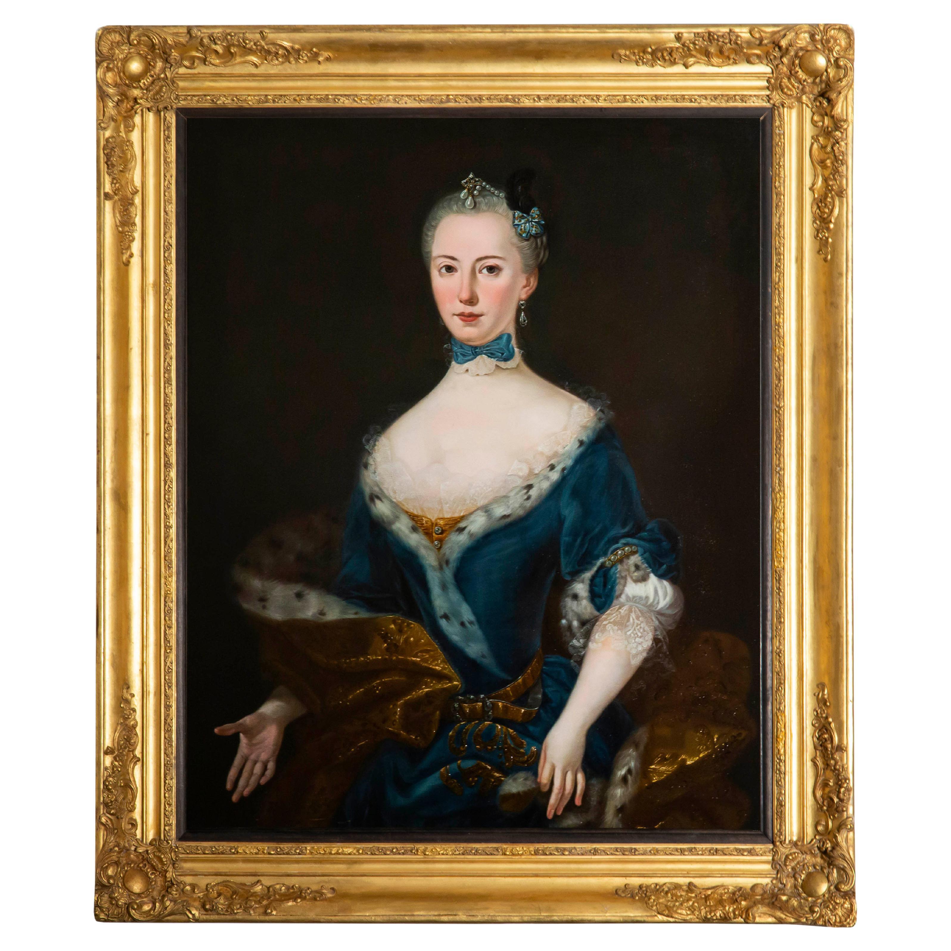 18th Century Oil Portrait of a Noble Lady in Blue