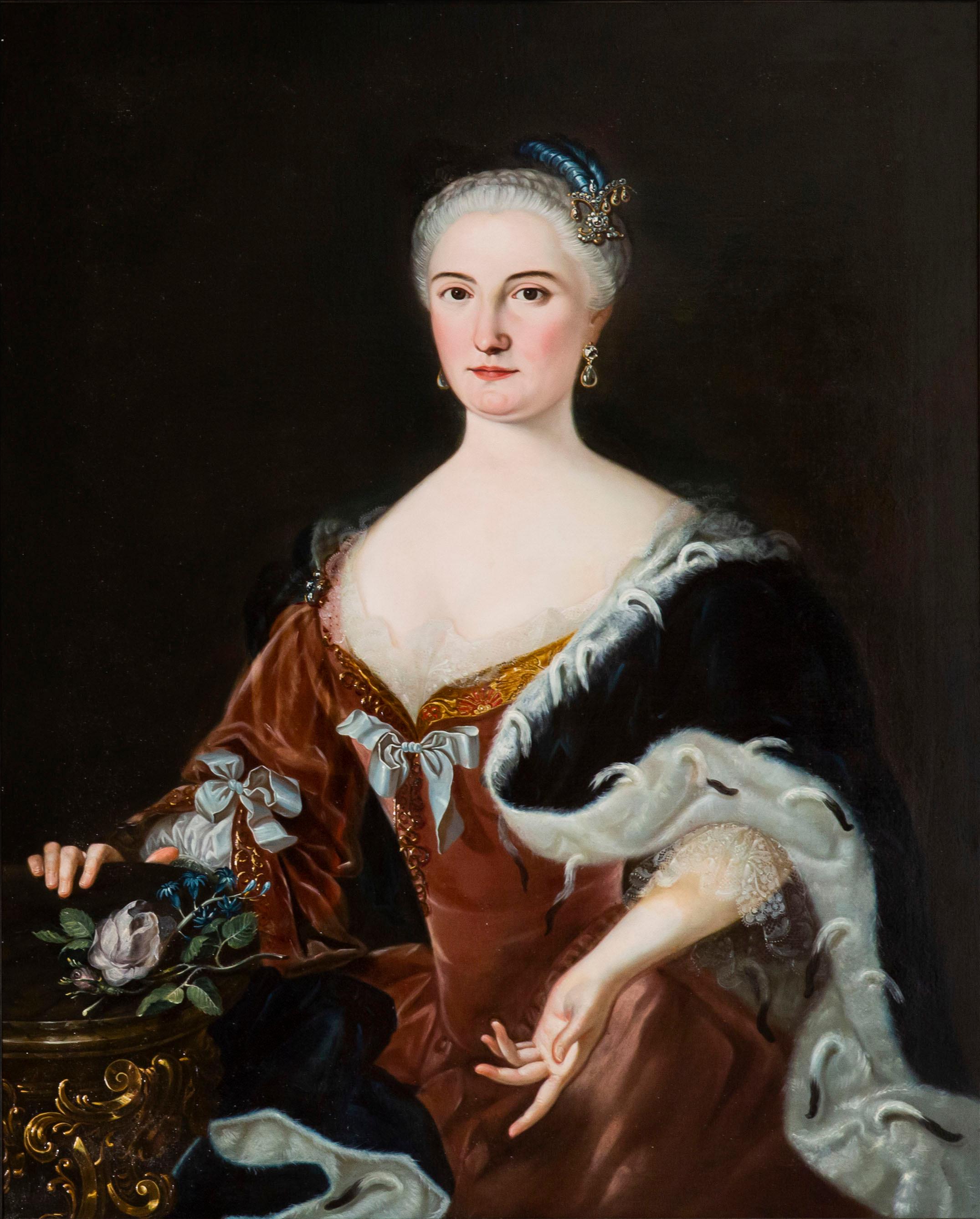 Hand-Painted 18th Century Oil Portrait of a Noble Lady in Red
