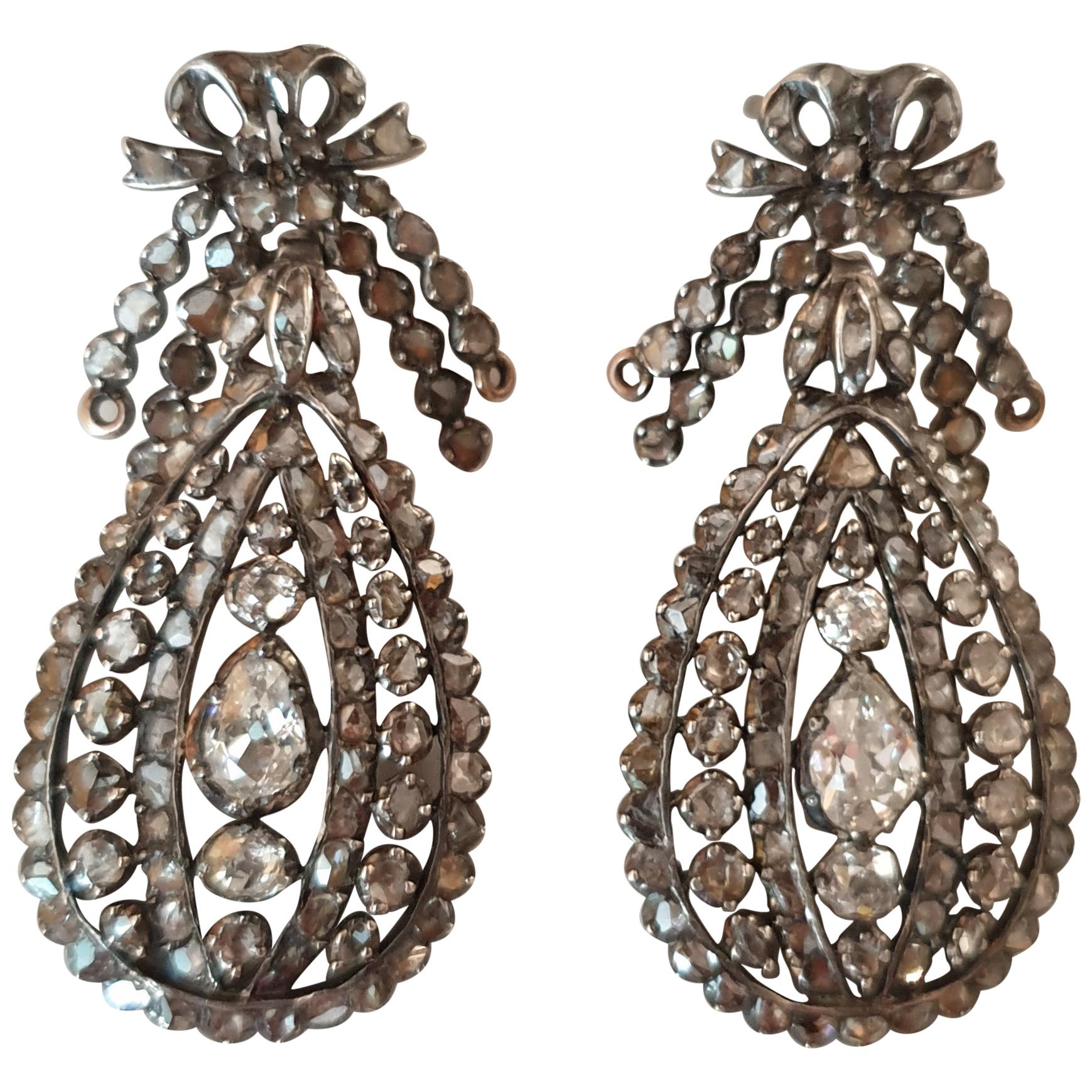 18th Century Old Cut Diamond Gold and Silver Drop Earrings For Sale