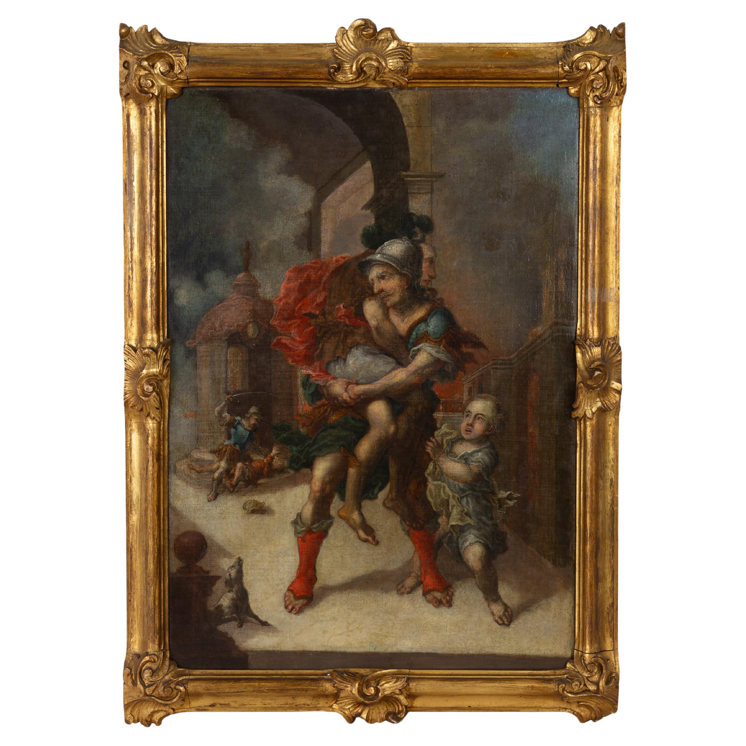 18th Century Old Master Aeneas Escape from Burning Troy Oil Painting For Sale