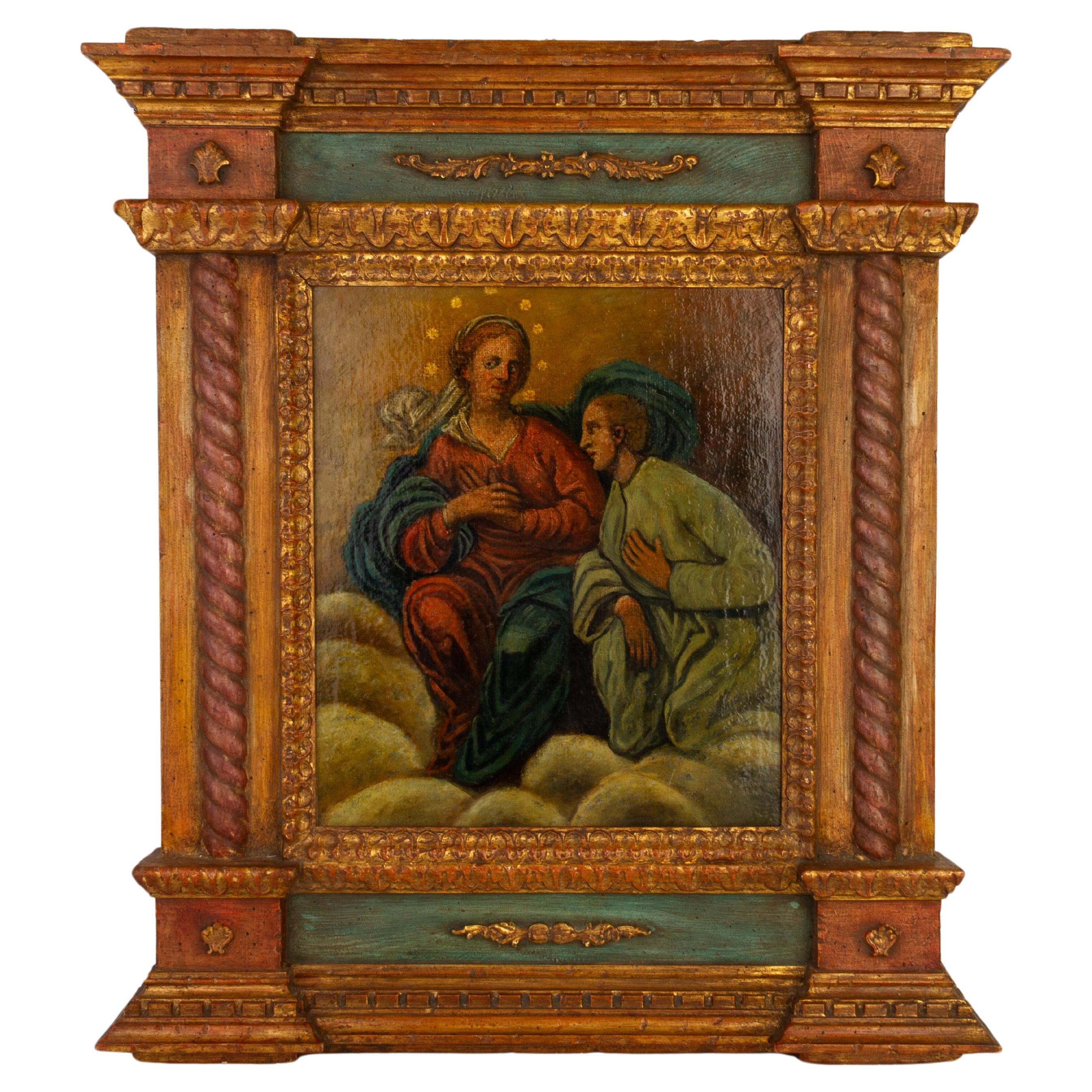 18th Century Old Master Oil Painting Vision of the Virgin Gilt Tabernacle Frame For Sale