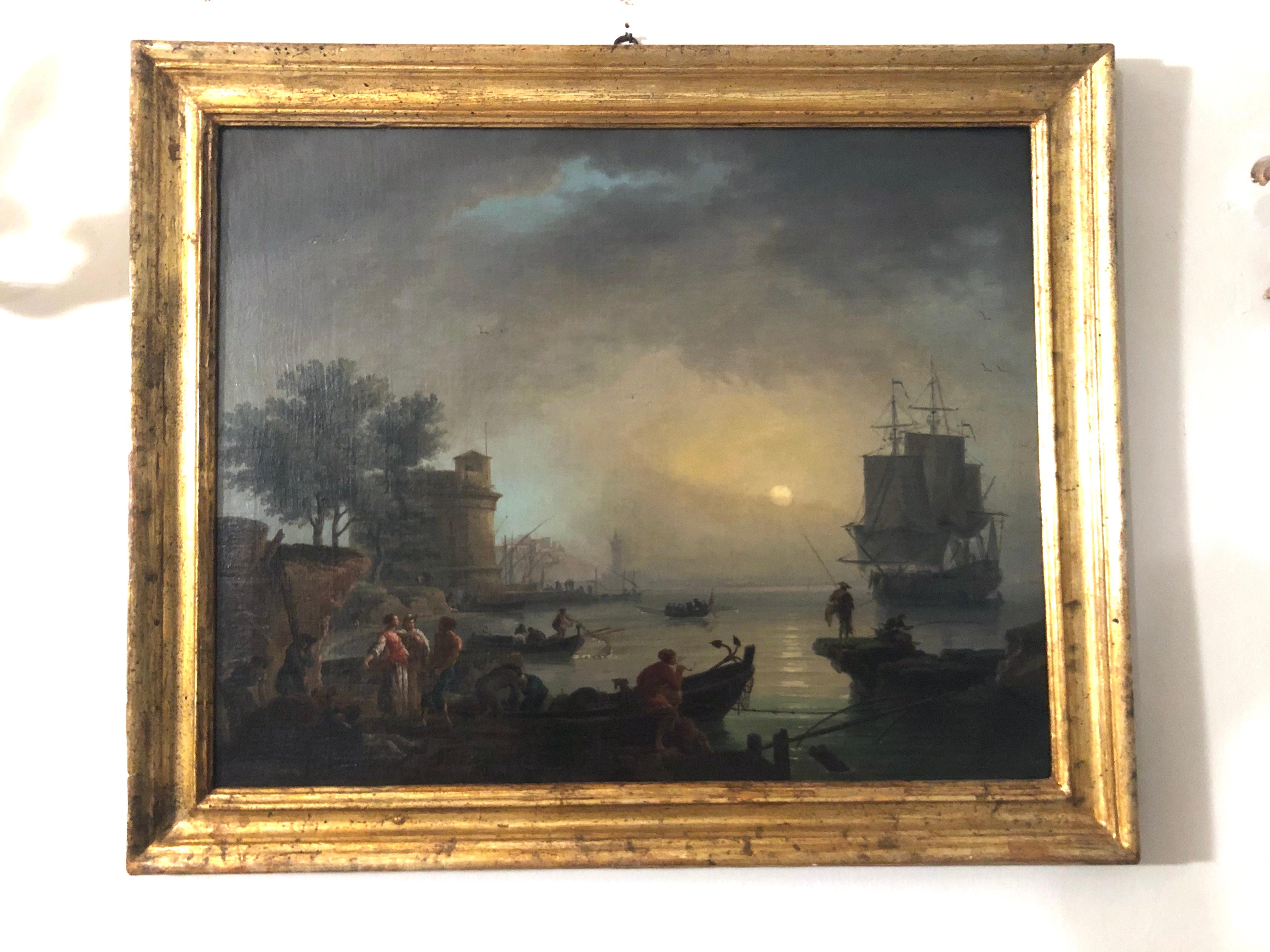 18th century old masters oil painting attributed to Claude Joseph Vernet, France. View of a Mediterranean port at sunset. Great pictorial quality especially in the representation of the fishermen and of the women in the foreground, a magnificent