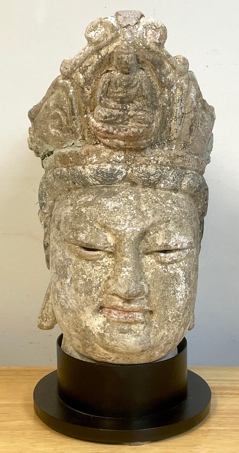 Ming Dynasty Polychromed Clay & Stucco head of Bodhisattva Guanyin.
Ming Dynasty or older.
A fine example of sculpted polychromed, clay and stucco over a wood foundational armature. 
Possibly of the late-ming period (17th century) carved and