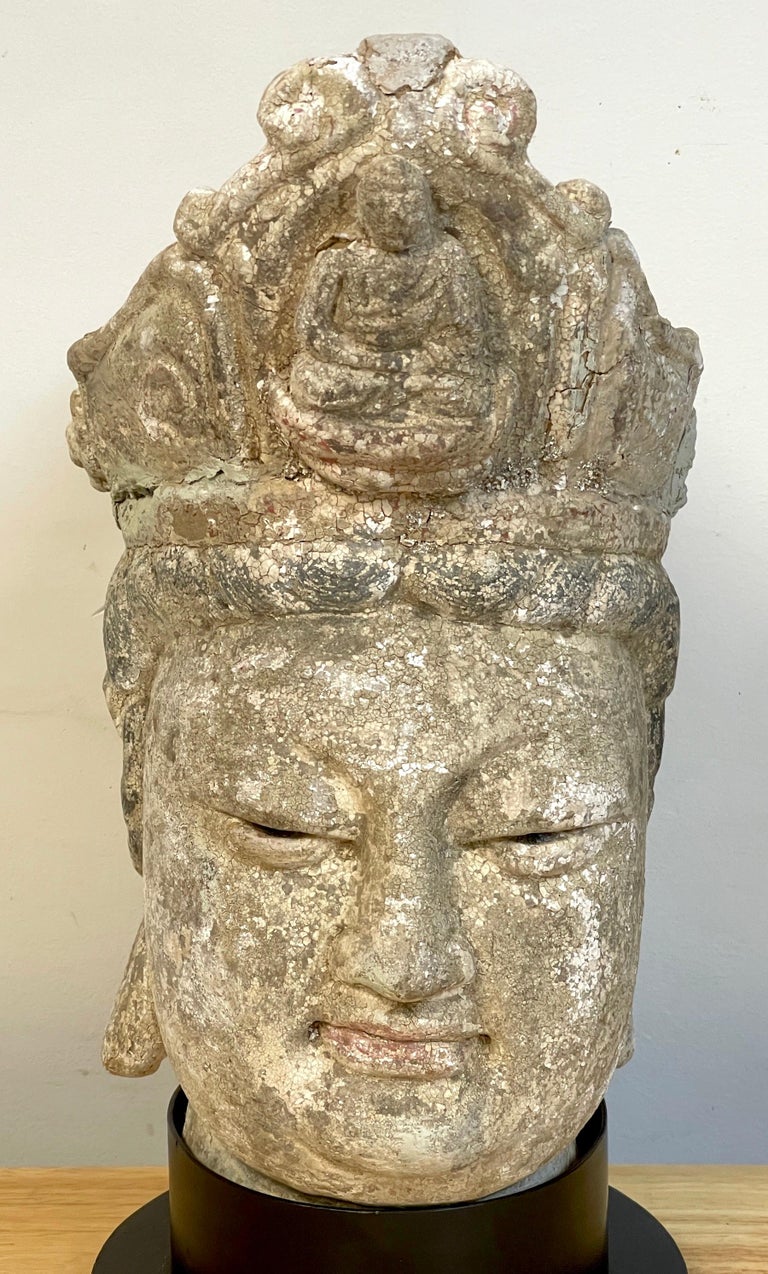 Chinese Ming Dynasty Polychromed Clay & Stucco Head of Bodhisattva Guanyin For Sale
