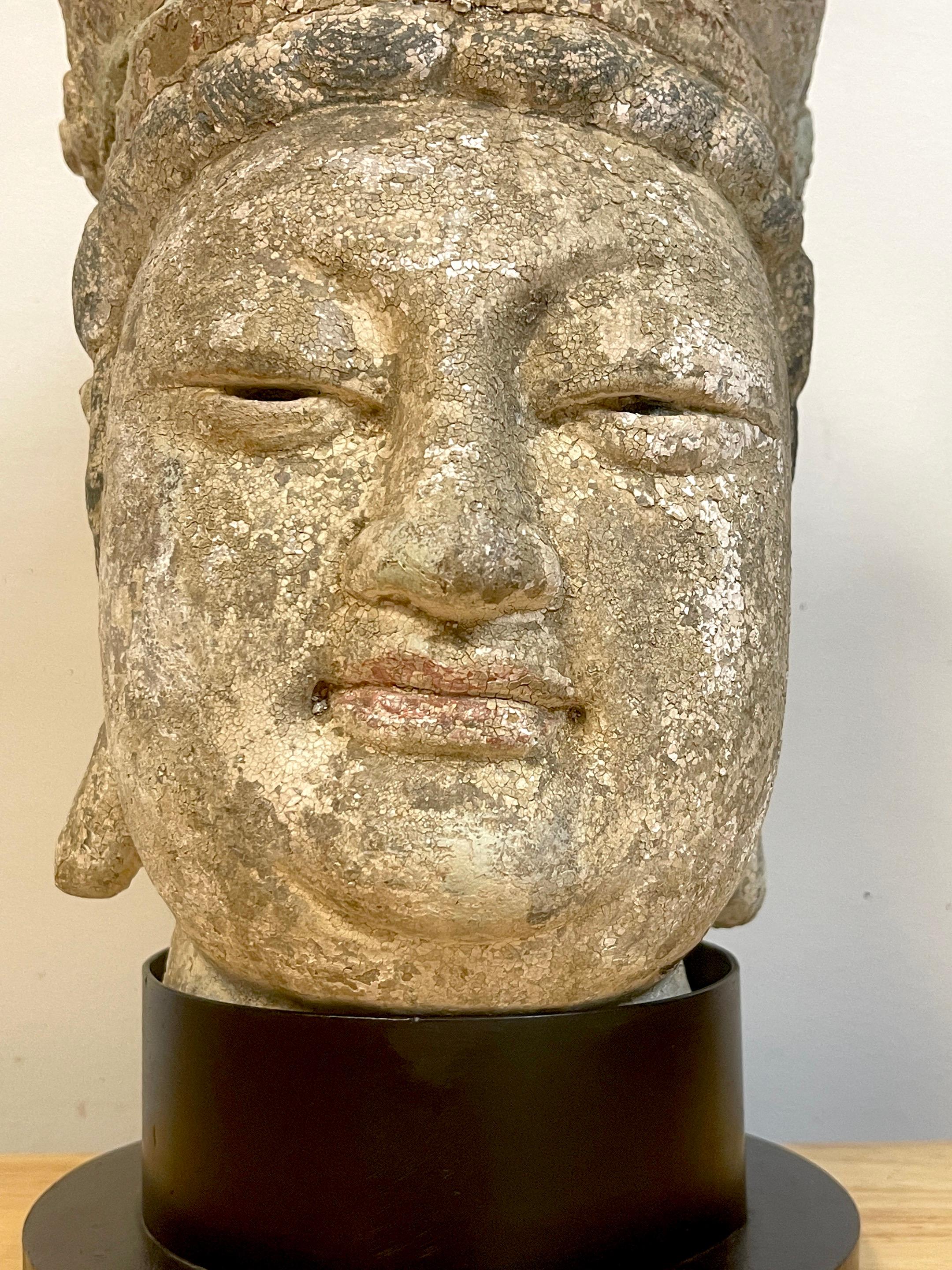 Ming Dynasty Polychromed Clay & Stucco Head of Bodhisattva Guanyin In Good Condition In West Palm Beach, FL