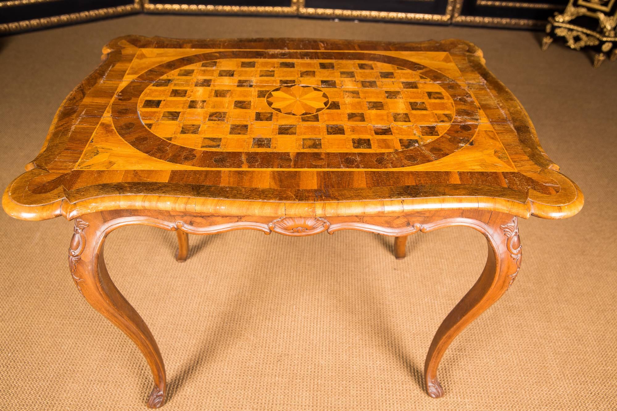 French 18th Century, Original Antique Baroque Table with Inlaid from Solid Walnut