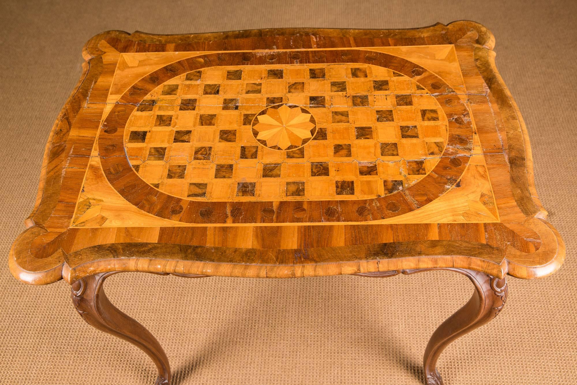 Veneer 18th Century, Original Antique Baroque Table with Inlaid from Solid Walnut