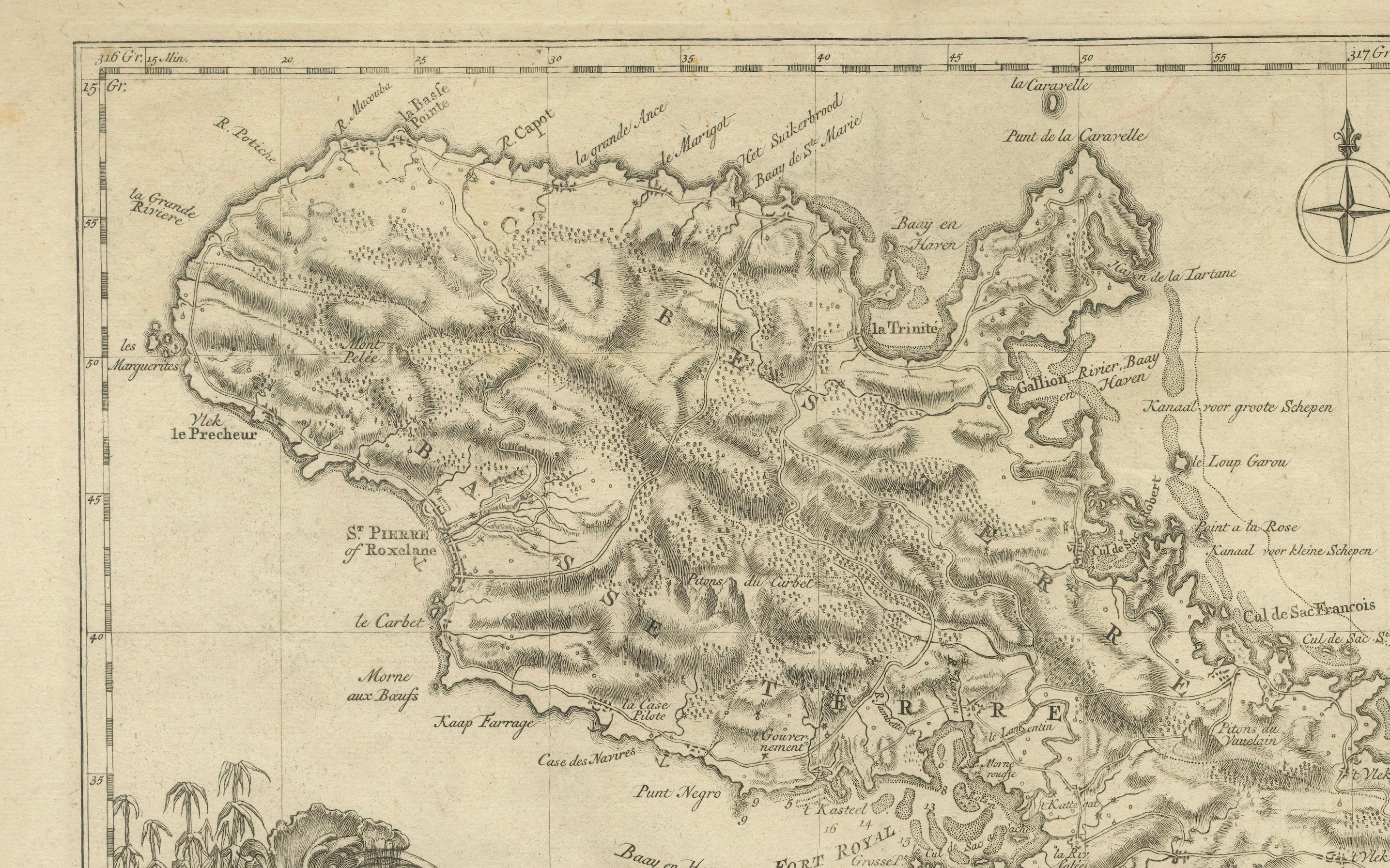 Il s'agit d'une carte hollandaise de la Martinique datant du 18e siècle, intitulée *Het Westindisch Eiland Martinique*. La carte a été réalisée par Isaak Tirion, un cartographe et éditeur néerlandais réputé pour la précision et la beauté de ses