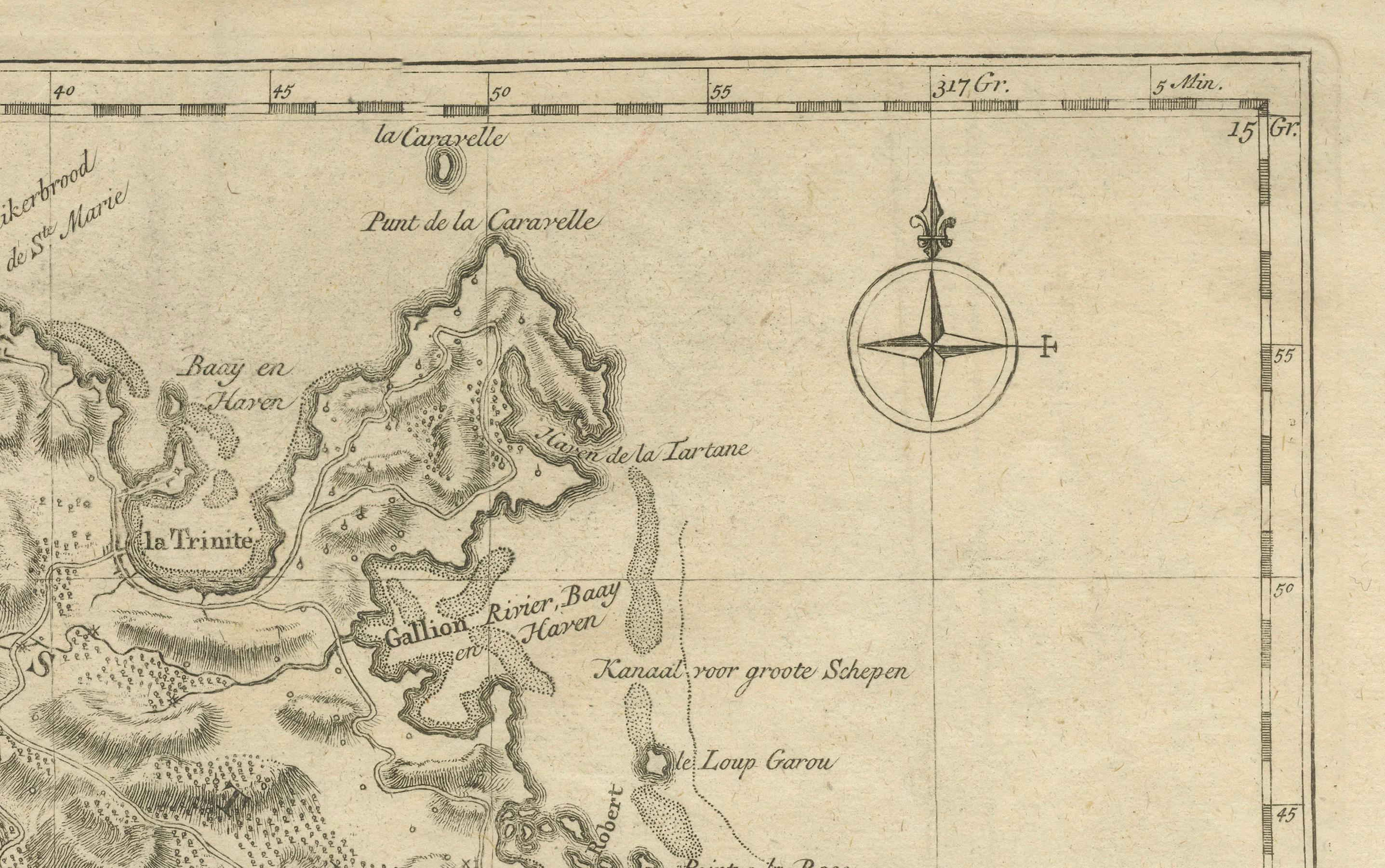 Gravé Carte néerlandaise originale de Martinique dans les Antilles par Isaak Tirion, 18e siècle en vente