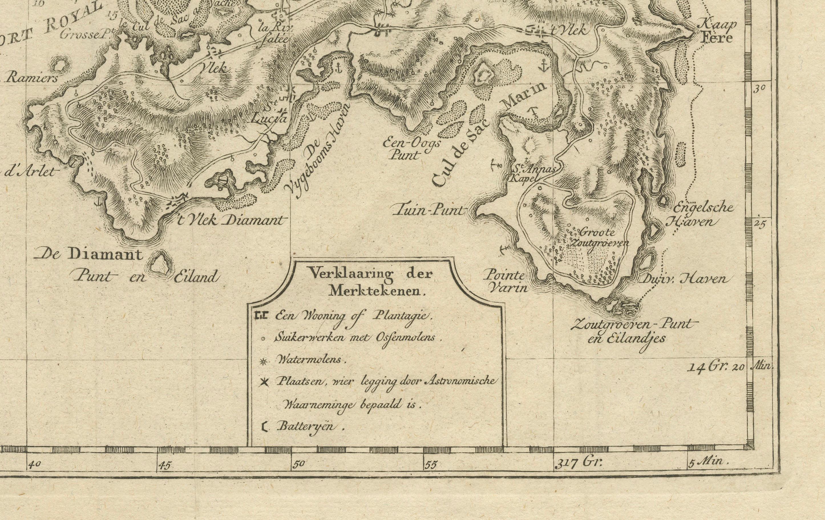 Carte néerlandaise originale de Martinique dans les Antilles par Isaak Tirion, 18e siècle Bon état - En vente à Langweer, NL
