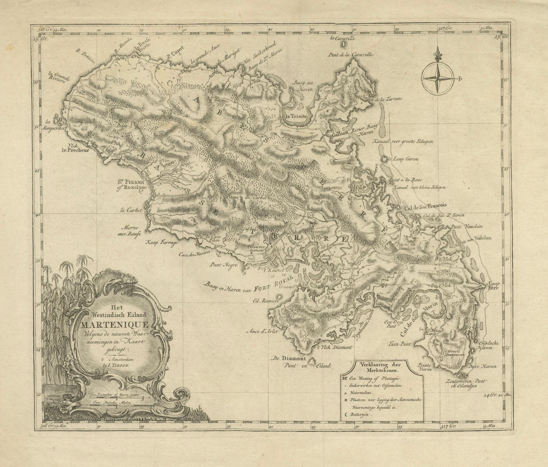 Papier Carte néerlandaise originale de Martinique dans les Antilles par Isaak Tirion, 18e siècle en vente
