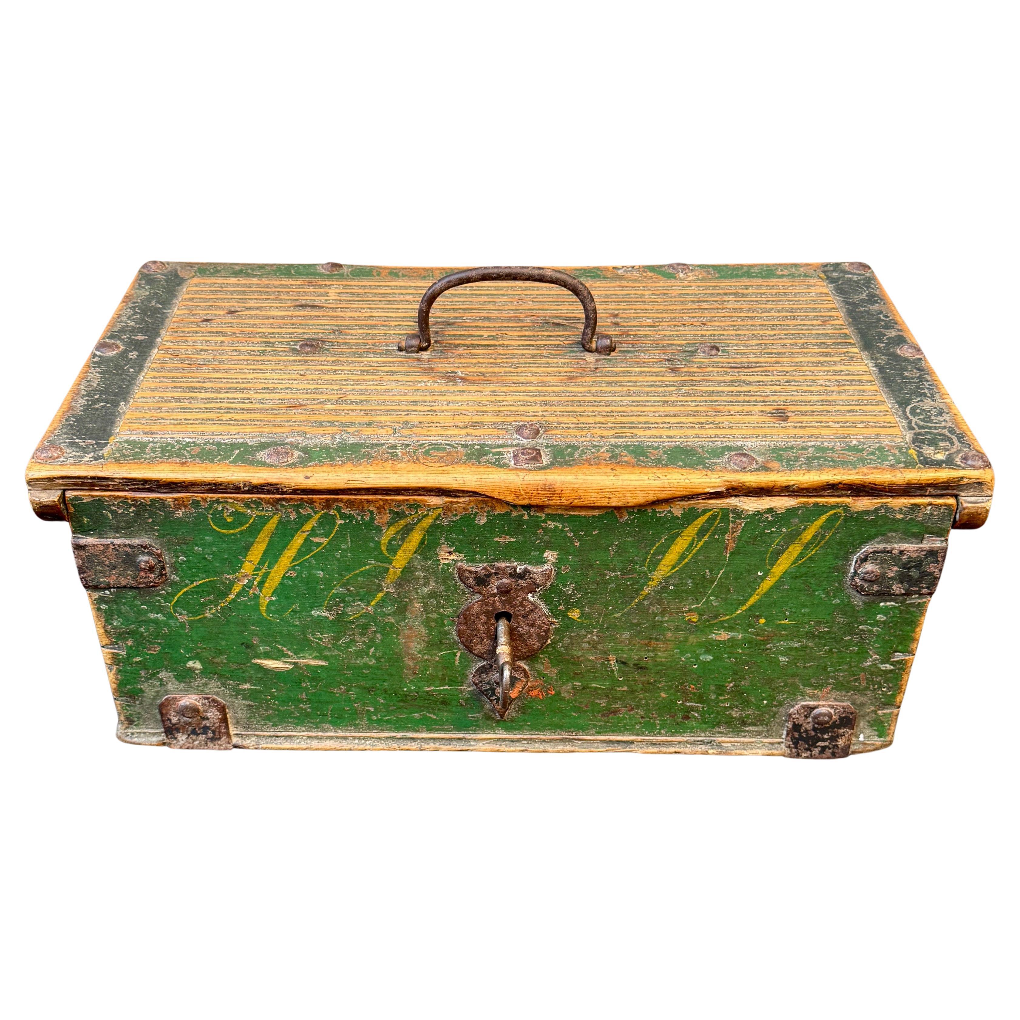 18th Century Original Green Painted Wood Box with Handle